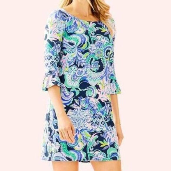 Lilly Pulitzer UPF 50+ Sophie Ruffle Mini Dress in Bright Navy Sirens Spirits - Picture 1 of 7